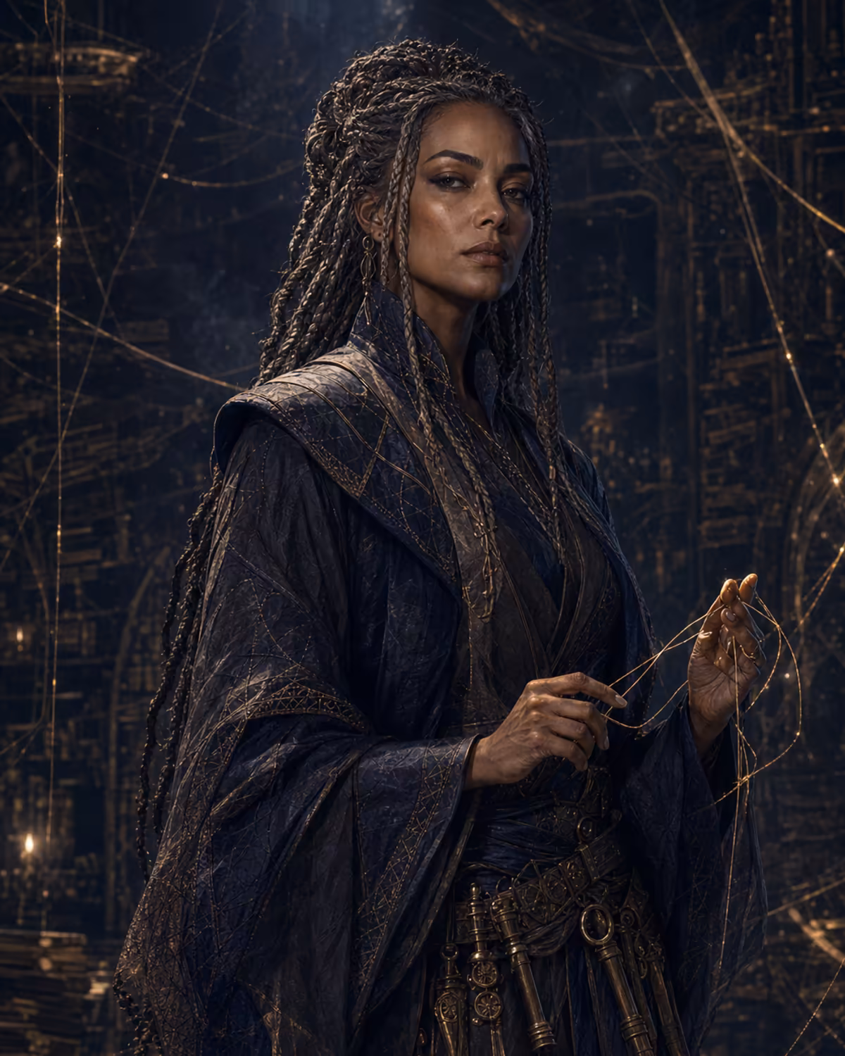Portrait of Lyra Nightweaver, Fate-aligned keeper of surviving threads