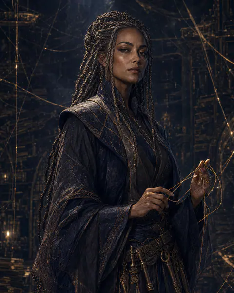 Portrait of Lyra Nightweaver, Fate-aligned keeper of surviving threads