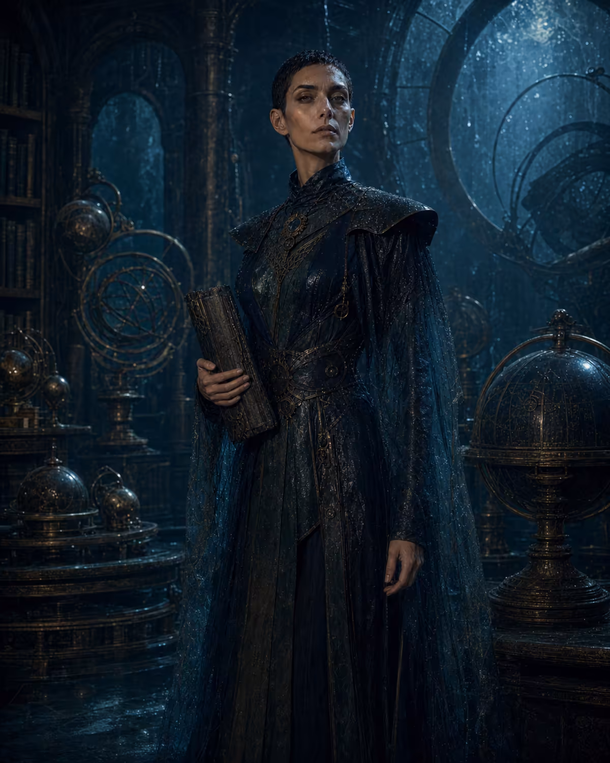 Portrait of Mira, Oceans-aligned scholar of the Drowned Academy