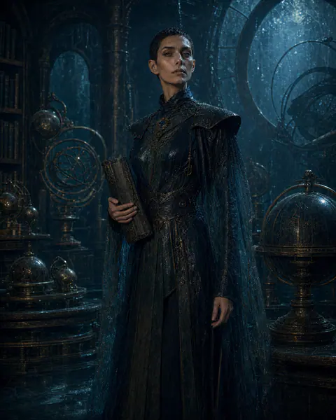 Portrait of Mira, Oceans-aligned scholar of the Drowned Academy