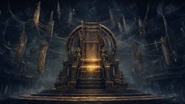 The Fate Throne as a broken cosmic loom inside the Celestial Caldera