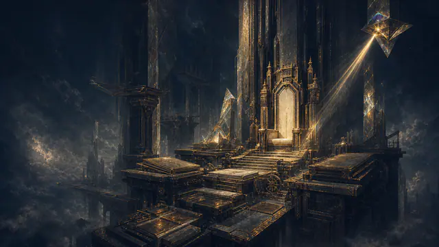 The Heaven Throne beneath the golden codex light of the Empyrean Spire